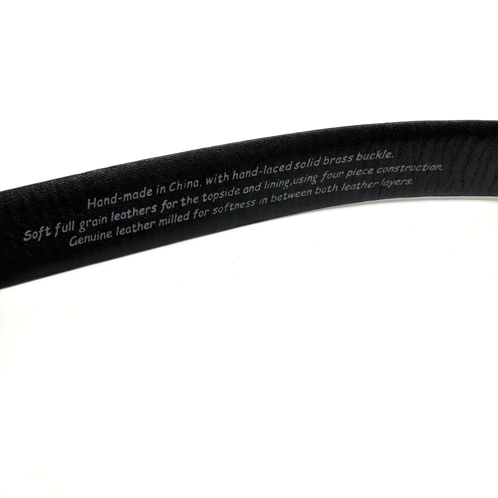 Black Leather Belt Silver Solid Brass Buckle Size… - image 3